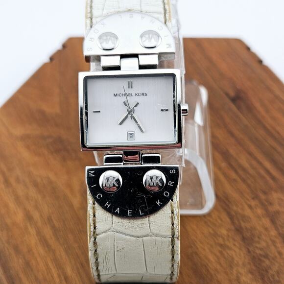 Michael Kors Women's Silver Tone Square Dial Bracelet Watch White Leather Wide - Picture 1 of 7